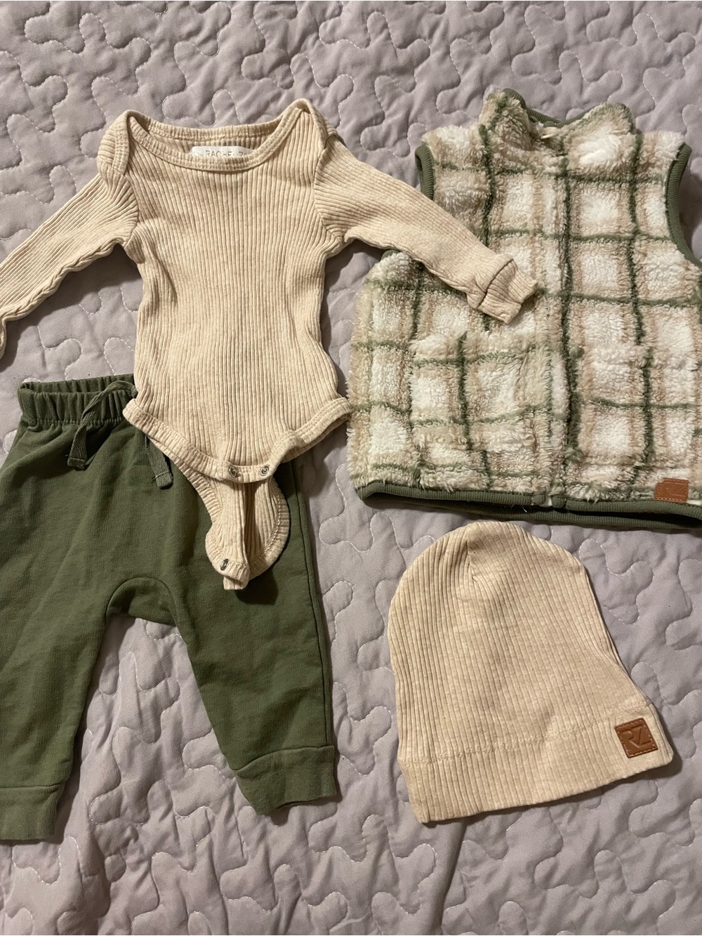 Neutral Ribbed Baby Bodysuit & Olive Pants Set with Cozy Plaid Vest EUC